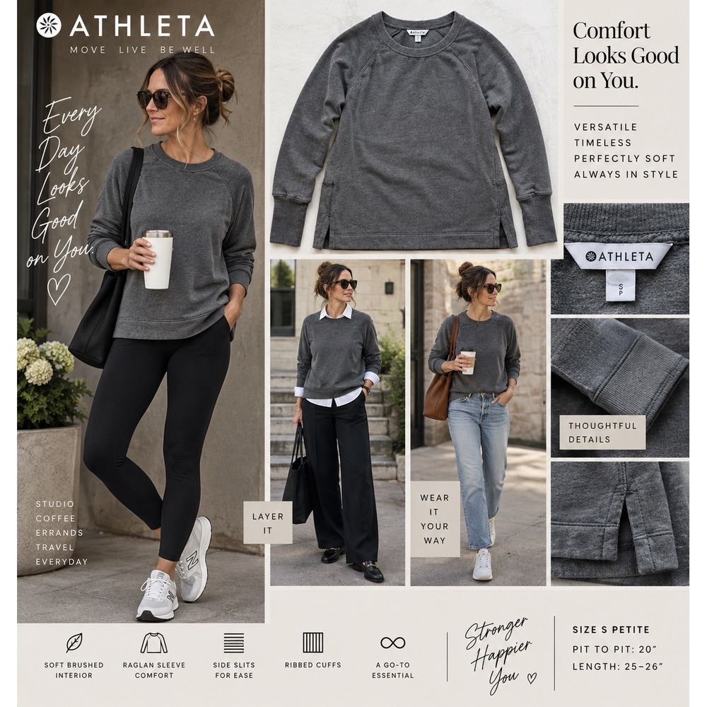 Athleta Women S Petite Charcoal Gray Coaster Luxe Pullover Sweatshirt Side Slit